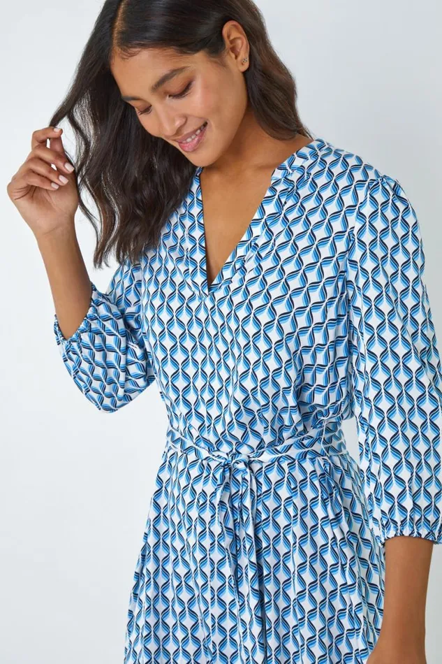 Women Blue Geometric Print Frill Hem Dress Roman Dresses
