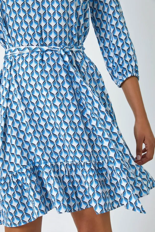 Women Blue Geometric Print Frill Hem Dress Roman Dresses