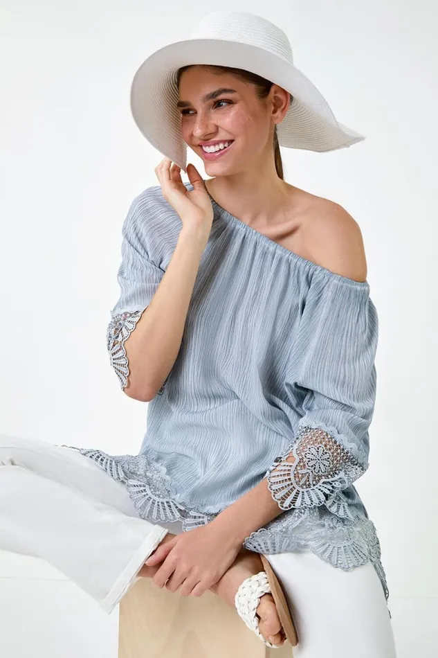 Women Blue Lace Trim Textured Bardot Tunic Top Roman Tops