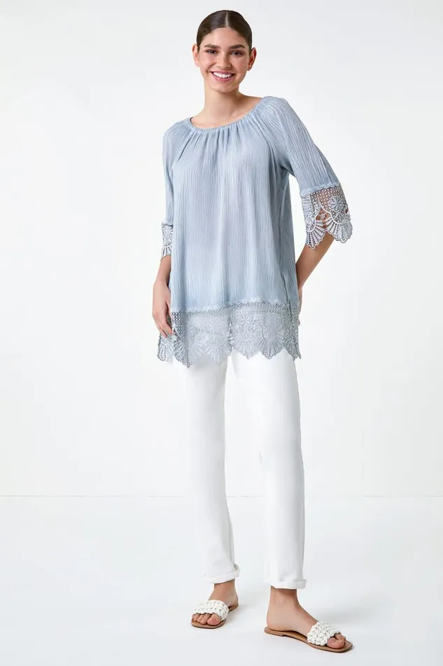 Women Blue Lace Trim Textured Bardot Tunic Top Roman Tops