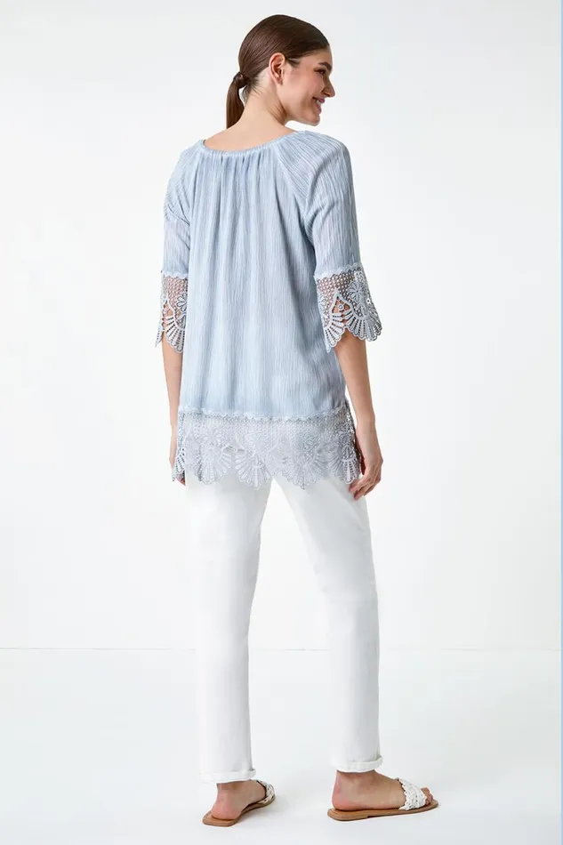 Women Blue Lace Trim Textured Bardot Tunic Top Roman Tops