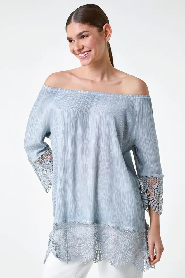 Women Blue Lace Trim Textured Bardot Tunic Top Roman Tops