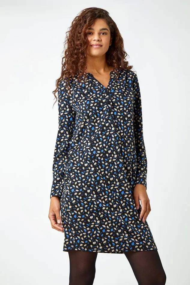 Women Blue Leaf Print Pocket Shift Dress Roman Dresses