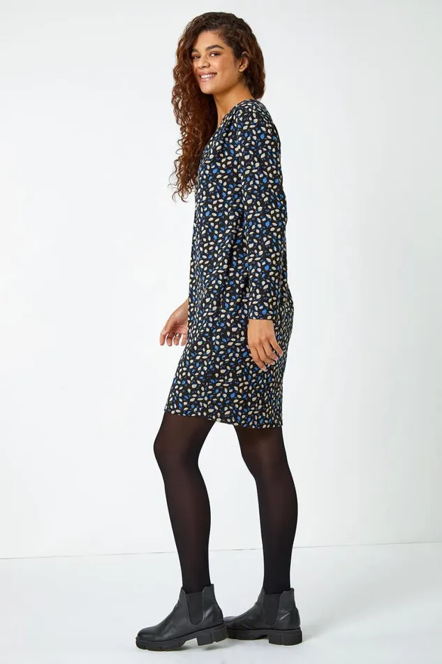 Women Blue Leaf Print Pocket Shift Dress Roman Dresses