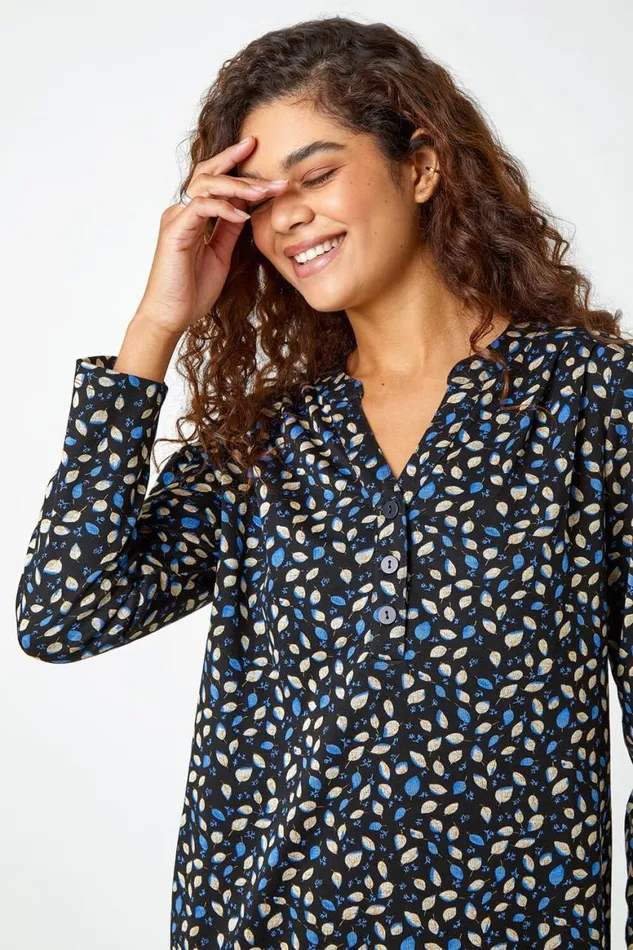 Women Blue Leaf Print Pocket Shift Dress Roman Dresses