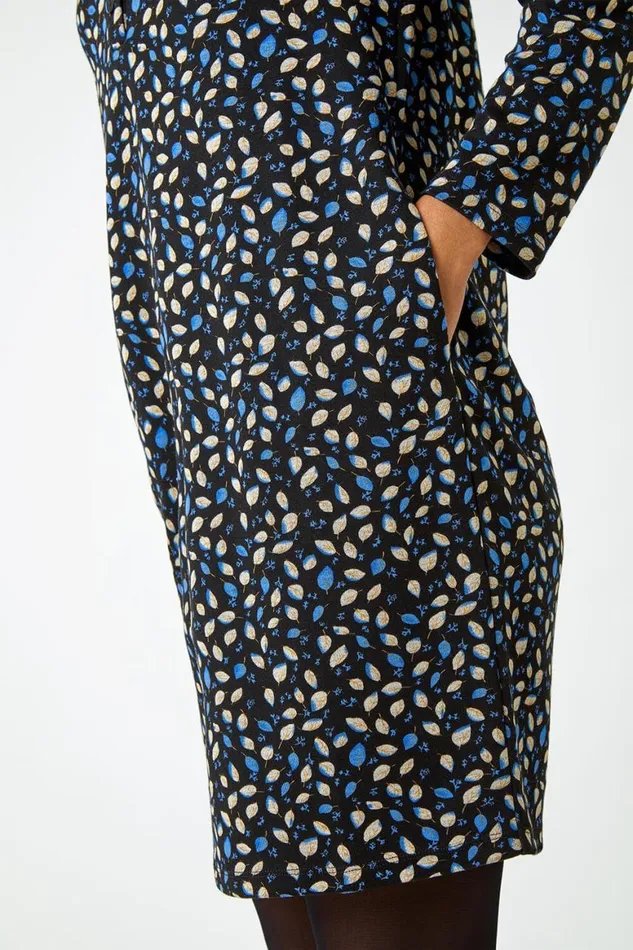 Women Blue Leaf Print Pocket Shift Dress Roman Dresses