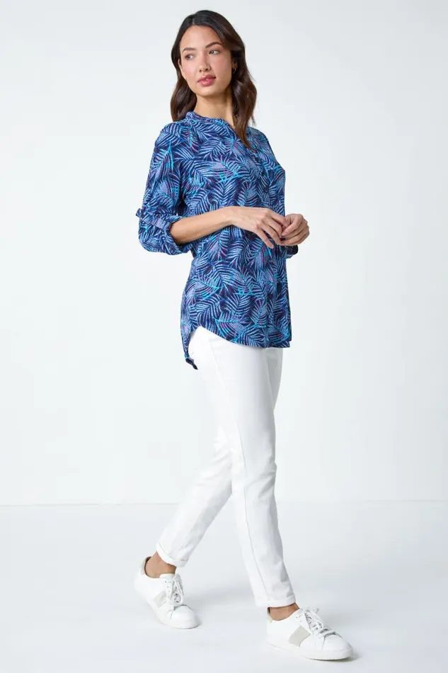Women Blue Leaf Print VNeck Stretch Jersey Blouse Roman Tops