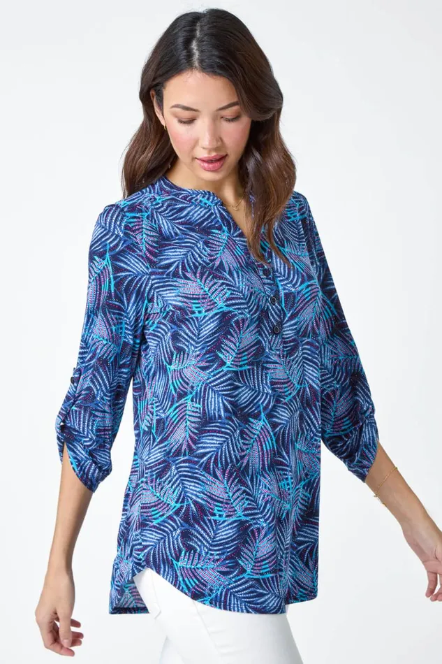 Women Blue Leaf Print VNeck Stretch Jersey Blouse Roman Tops