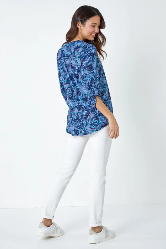 Women Blue Leaf Print VNeck Stretch Jersey Blouse Roman Tops