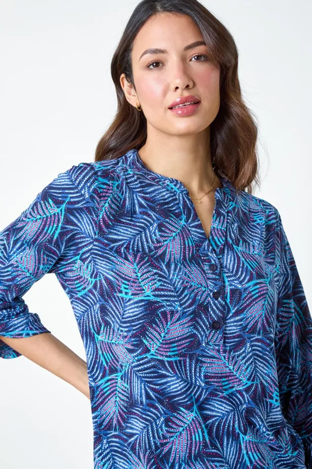 Women Blue Leaf Print VNeck Stretch Jersey Blouse Roman Tops
