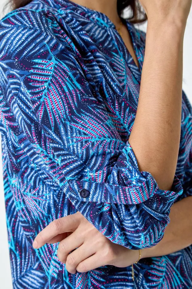 Women Blue Leaf Print VNeck Stretch Jersey Blouse Roman Tops