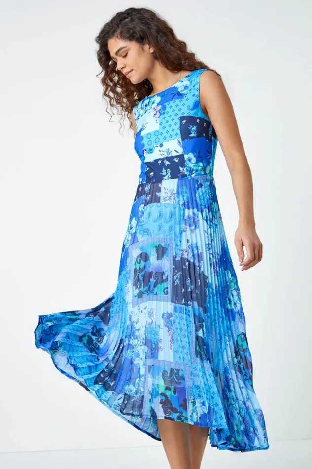 Women Blue Mixed Floral Print Pleated Midi Dress Roman Dresses