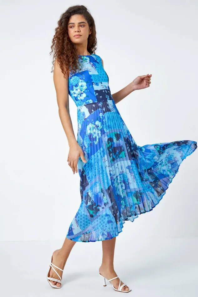 Women Blue Mixed Floral Print Pleated Midi Dress Roman Dresses