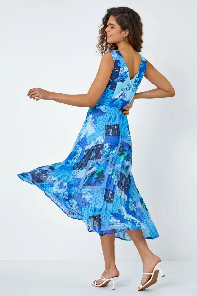 Women Blue Mixed Floral Print Pleated Midi Dress Roman Dresses