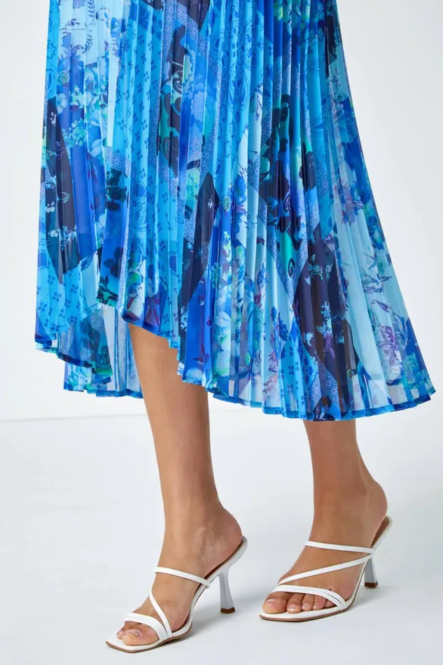 Women Blue Mixed Floral Print Pleated Midi Dress Roman Dresses