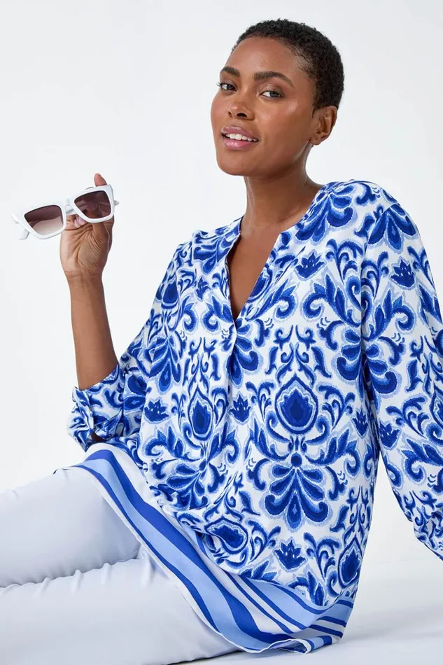Women Blue Ornate Border Print Pleated VNeck Top Roman Tops