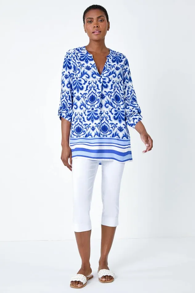 Women Blue Ornate Border Print Pleated VNeck Top Roman Tops