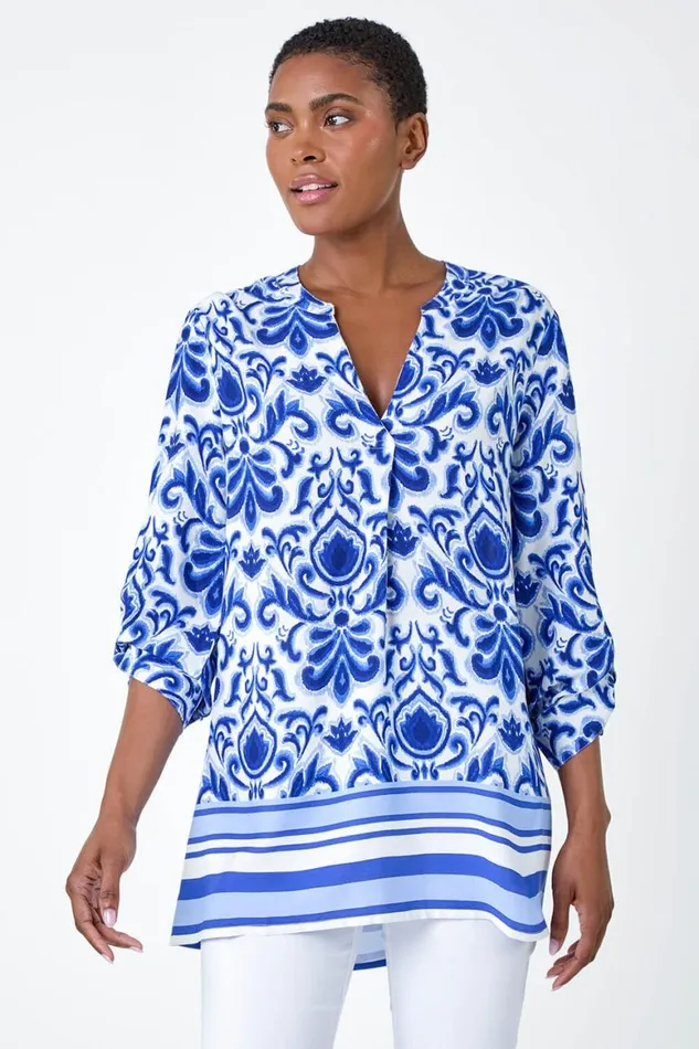 Women Blue Ornate Border Print Pleated VNeck Top Roman Tops