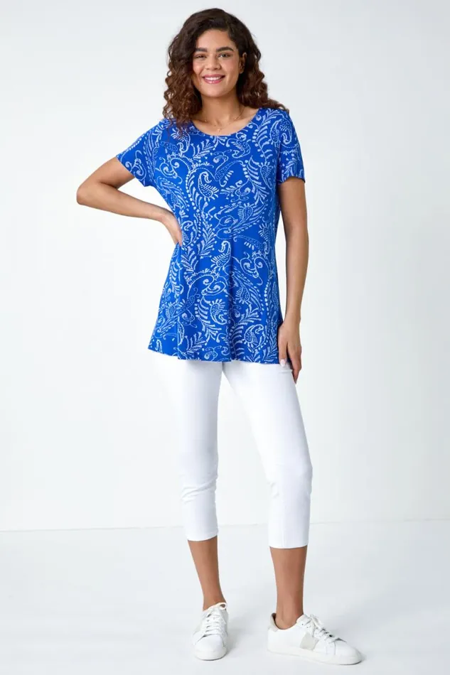 Women Blue Paisley Bar Back Stretch VNeck Tunic Top Roman Tops