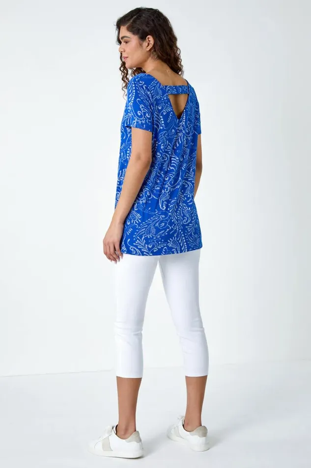 Women Blue Paisley Bar Back Stretch VNeck Tunic Top Roman Tops