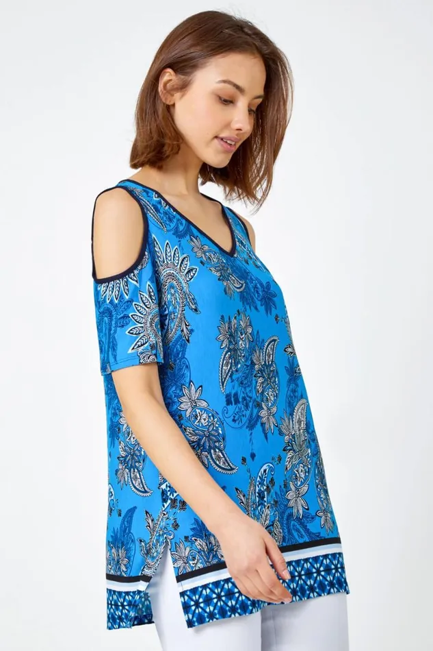 Women Blue Paisley Border VNeck Cold Shoulder Top Roman Tops