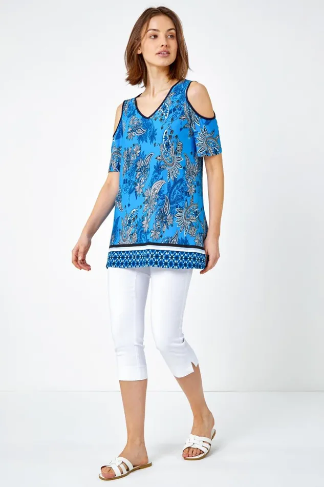Women Blue Paisley Border VNeck Cold Shoulder Top Roman Tops