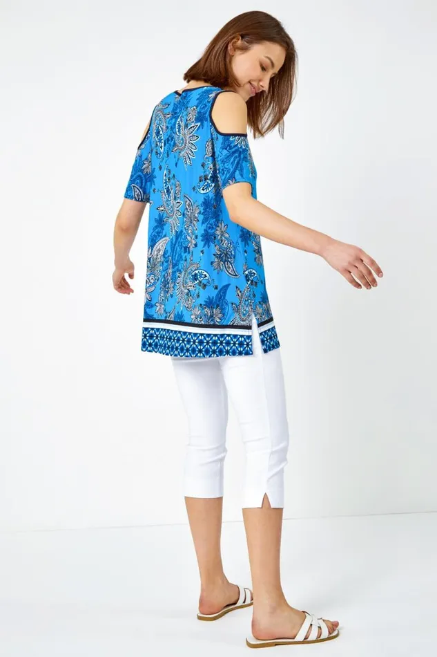 Women Blue Paisley Border VNeck Cold Shoulder Top Roman Tops