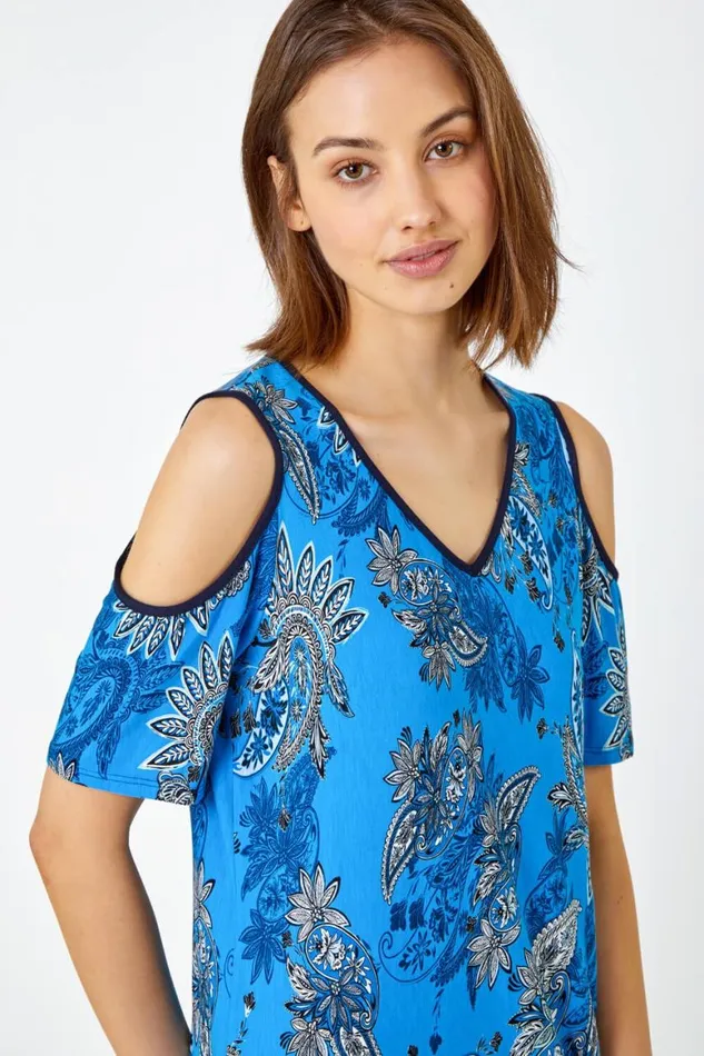 Women Blue Paisley Border VNeck Cold Shoulder Top Roman Tops
