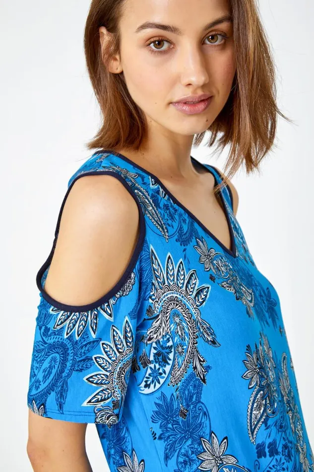 Women Blue Paisley Border VNeck Cold Shoulder Top Roman Tops