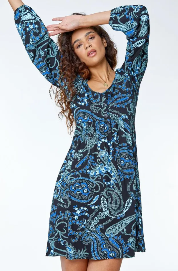 Women Blue Paisley Print Jersey Tea Dress Roman Dresses