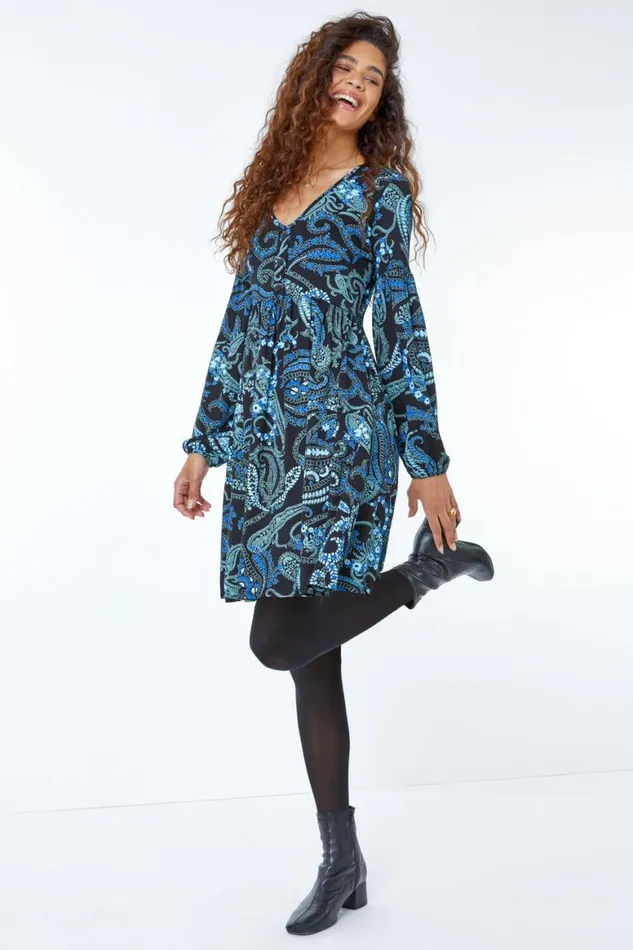 Women Blue Paisley Print Jersey Tea Dress Roman Dresses