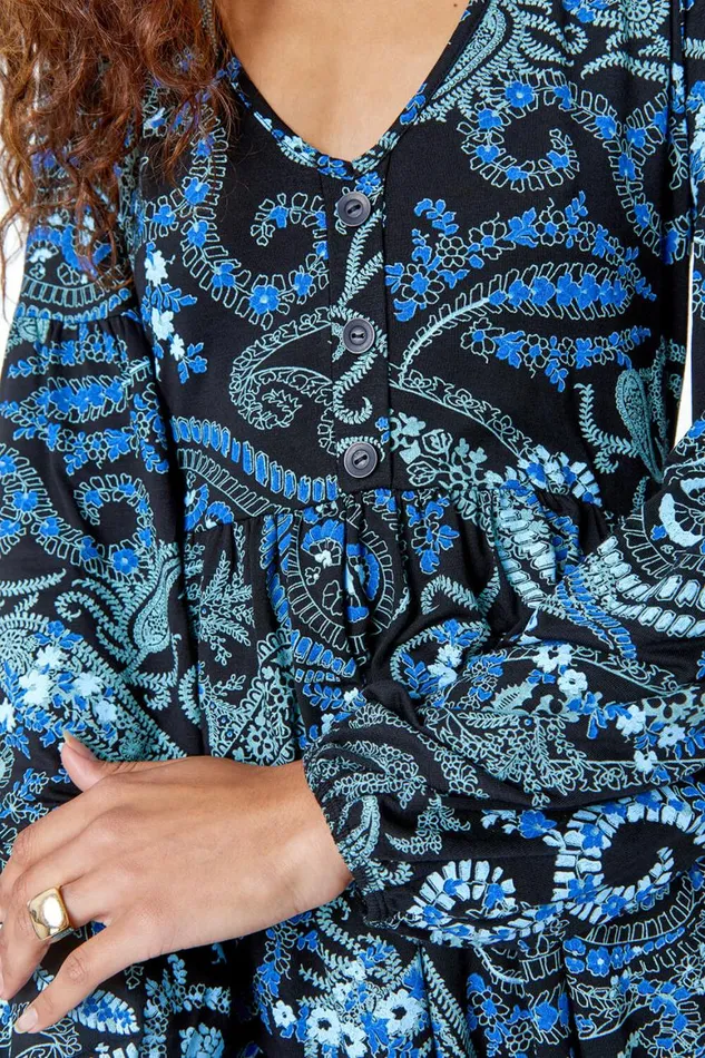 Women Blue Paisley Print Jersey Tea Dress Roman Dresses