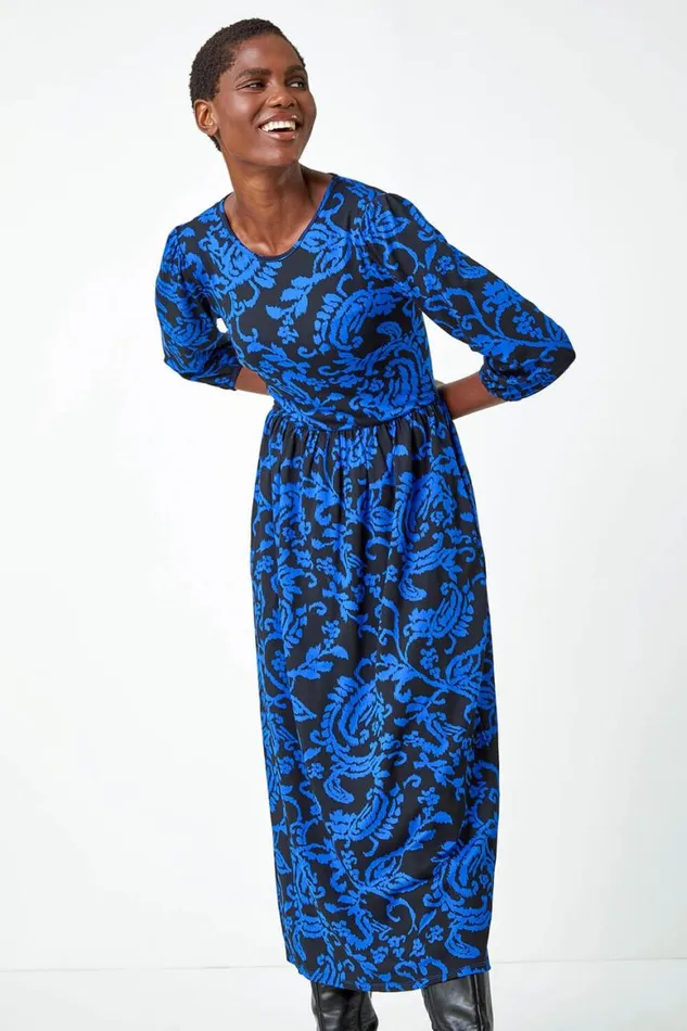Women Blue Paisley Print Pocket Midi Stretch Dress Roman Dresses