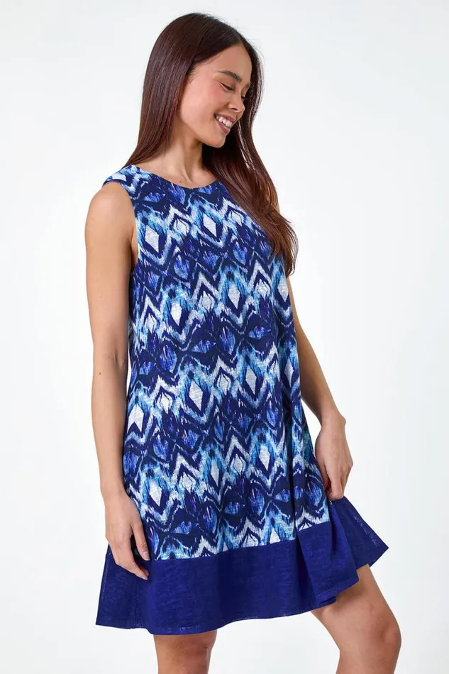 Women Blue Petite Abstract Print Contrast Hem Dress Roman Dresses