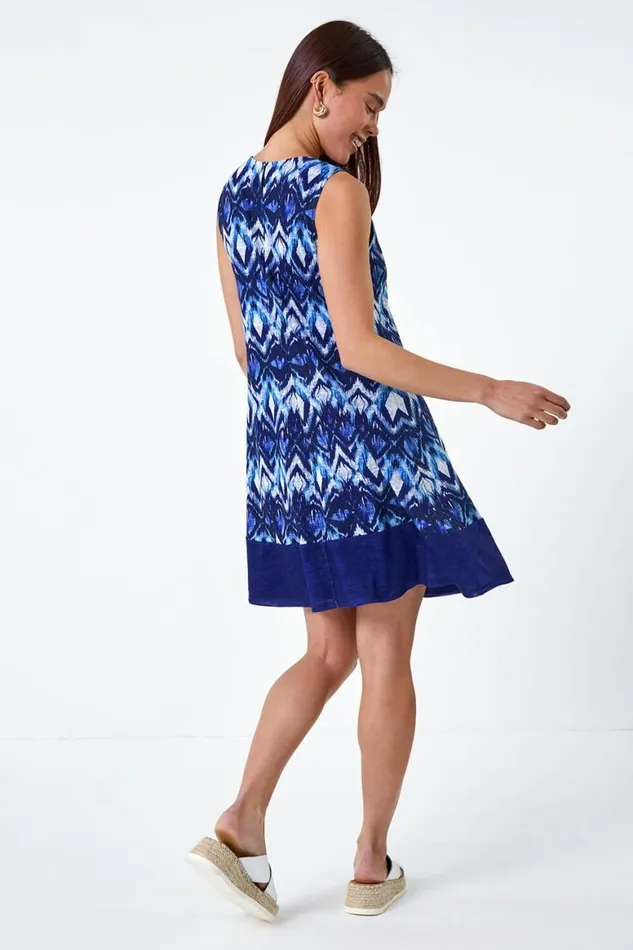 Women Blue Petite Abstract Print Contrast Hem Dress Roman Dresses