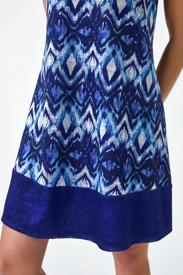 Women Blue Petite Abstract Print Contrast Hem Dress Roman Dresses