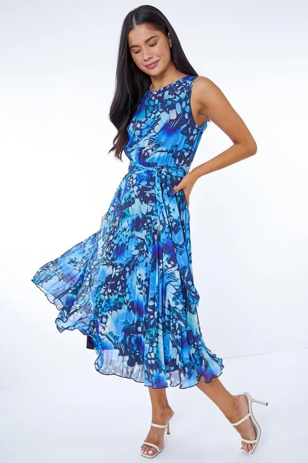Women Blue Petite Abstract Print Pleated Chiffon Dress Roman Dresses