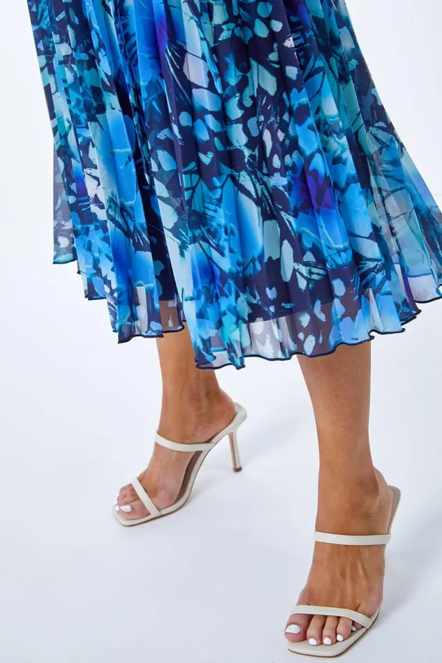 Women Blue Petite Abstract Print Pleated Chiffon Dress Roman Dresses