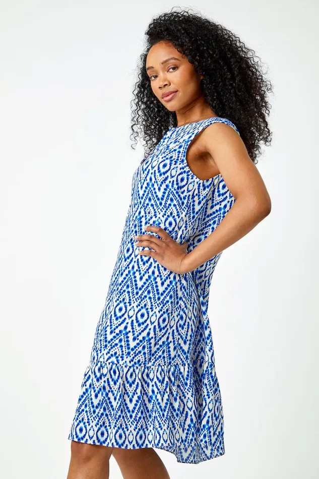 Women Blue Petite Aztec Print Frill Hem Dress Roman Dresses