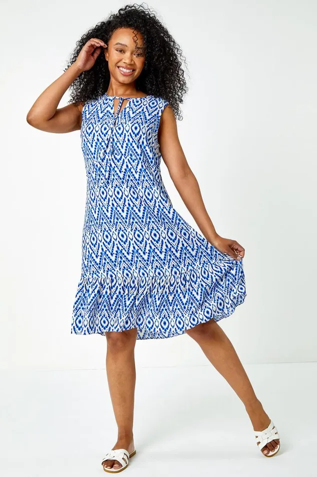 Women Blue Petite Aztec Print Frill Hem Dress Roman Dresses