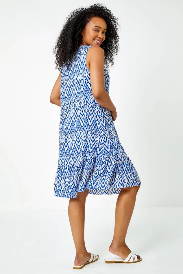 Women Blue Petite Aztec Print Frill Hem Dress Roman Dresses