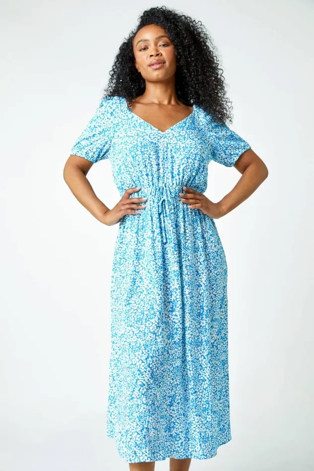 Women Blue Petite Ditsy Floral Stretch Midi Dress Roman Dresses