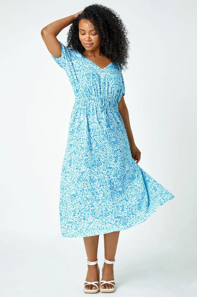 Women Blue Petite Ditsy Floral Stretch Midi Dress Roman Dresses