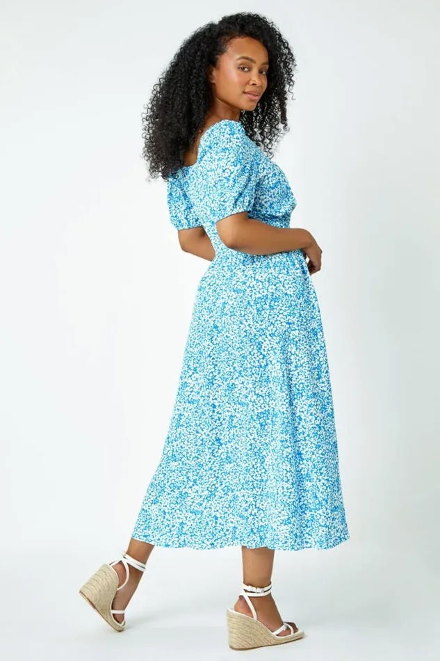 Women Blue Petite Ditsy Floral Stretch Midi Dress Roman Dresses