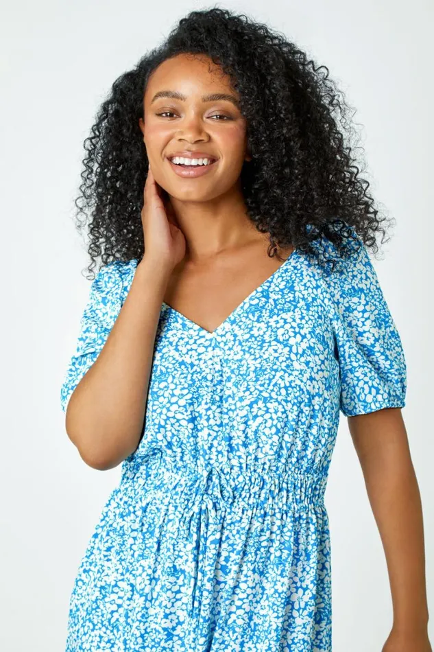 Women Blue Petite Ditsy Floral Stretch Midi Dress Roman Dresses