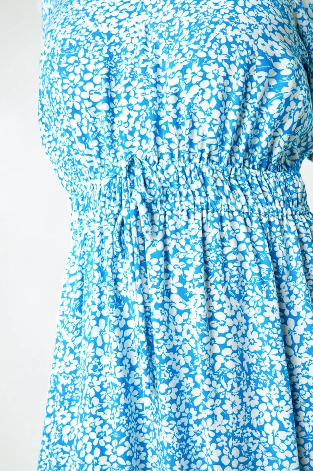 Women Blue Petite Ditsy Floral Stretch Midi Dress Roman Dresses