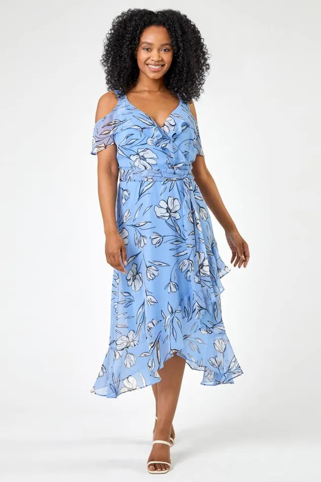 Women Blue Petite Floral Cold Shoulder Chiffon Midi Dress Roman Dresses