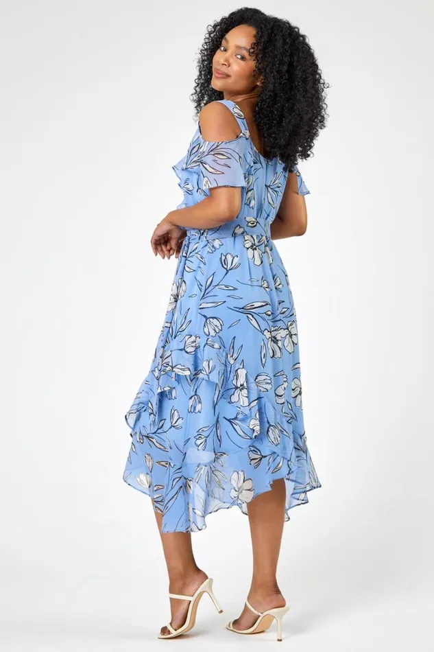 Women Blue Petite Floral Cold Shoulder Chiffon Midi Dress Roman Dresses