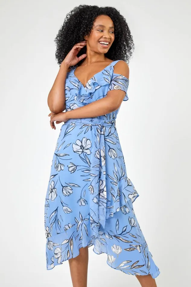 Women Blue Petite Floral Cold Shoulder Chiffon Midi Dress Roman Dresses