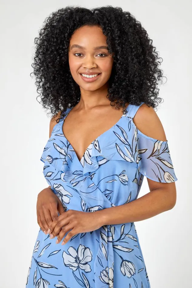 Women Blue Petite Floral Cold Shoulder Chiffon Midi Dress Roman Dresses